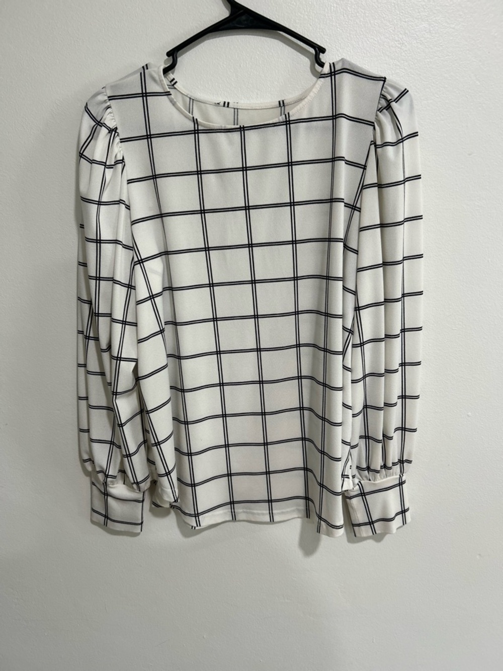 Women’s White Windowpane Blouse - Classic Long Sleeve Top